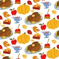 Seamless pattern happy Thanksgiving with festive items in a flat style. Hand-drawn background with pumpkin, turkey, pie Royalty Free Stock Photo