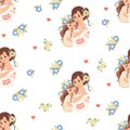 Seamless pattern with happy Ukrainian woman with daughter in traditional clothes embroidered shirt on white background