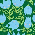 Seamless pattern with harebells on green background. Floral print with blubells. Anthropomorphic vector flowers. Royalty Free Stock Photo