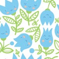 Seamless pattern with harebells on white background. Floral print with blubells. Anthropomorphic vector flowers.