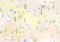 Seamless pattern with a hares, colored eggs and spring flowers for easter. Royalty Free Stock Photo