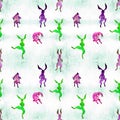 Seamless pattern. Hares are dancing. Animalistic illustrations on a watercolor background. Royalty Free Stock Photo