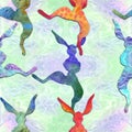 Seamless pattern. Hares are dancing. Animalistic illustrations on a watercolor background. Royalty Free Stock Photo