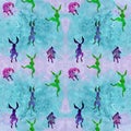 Seamless pattern. Hares are dancing. Animalistic illustrations on a watercolor background. Royalty Free Stock Photo