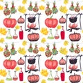 Seamless pattern from harvesting autumn herbs and potions, graphic color pattern on a white background