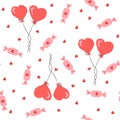 Seamless pattern has two heart balloons, candy and little hearts. Valentine\'s Day