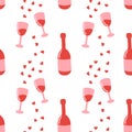 Seamless pattern has wine glasses, bottle and many little hearts. Valentine\'s Day