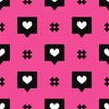 Seamless pattern with hashtags and like buttons. Stylish repeated print.