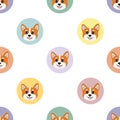 Seamless pattern with head corgi in colorful circles. Cartoon design animal character flat vector style. Royalty Free Stock Photo