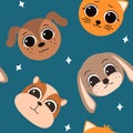 Seamless pattern with the heads of a cat, dog, rabbit and hamster on a blue background .