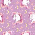 Seamless pattern heads of unicorn and moon pink