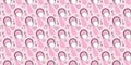 Seamless pattern. Heads of women in headphones, musical notes, hearts on a pink background.