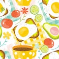 Seamless pattern healthy Breakfast in the morning - eggs, avocado, tomato, cucumber, sandwich, coffee. Good morning food in summer