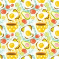 Seamless pattern healthy Breakfast in the morning - eggs, avocado, tomato, cucumber, sandwich, coffee. Good morning food in summer