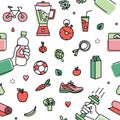 Seamless pattern with healthy lifestyle attributes - fresh organic fruits and vegetables, various sports equipment and