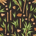 Seamless pattern with heaps and cubes of brown sugar, cane leaves and branches. Endless repeatable texture with