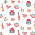 Seamless pattern with heart balloon, champagne bottle, present gifts and love notes