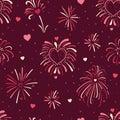 Seamless pattern with heart fireworks in the night sky in pink and red colors. Vector graphics Royalty Free Stock Photo