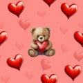 Seamless pattern, heart and fluffy bear. Cartoon lovely teddy bear toy St. Valentine Royalty Free Stock Photo