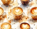 Seamless Pattern of Heart Latte Art Coffee Cups on a Textured Background Royalty Free Stock Photo