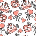 seamless pattern, heart-lock with a key, love letter, heart-candy in gray-pink shades, design for Valentine\'s Day