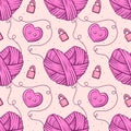 Seamless pattern with heart shaped balls of yarn and buttons. Background in cartoon style Royalty Free Stock Photo