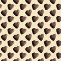 Seamless pattern with heart shaped gingerbread in chocolate glaze and colored sprinkles. Flat Lay varied position. Royalty Free Stock Photo