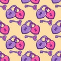 Seamless pattern. Heart shaped locks fastened together and key. Vector