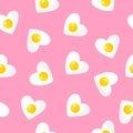 Seamless pattern with heart-shaped omelette, breakfast for Valentine`s Day