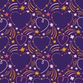 Seamless pattern heart on the starry sky. Cosmic background stars, comets, meteorites, constellations. Space Galaxy