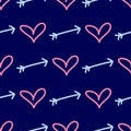 Seamless pattern with hearts and arrows drawn by hand. Doodle, sketch. Endless romantic print.
