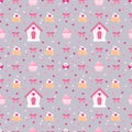 Seamless pattern with hearts, birds, birdhouses, bows. Gray-pink pattern. Royalty Free Stock Photo