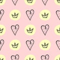 Seamless pattern with hearts and crowns drawn by hand. Cute print for girls.