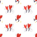 Seamless pattern with hearts. Cute cartoon couples ride a double bike and a big heart on a scooter. Vector stock illustration in Royalty Free Stock Photo