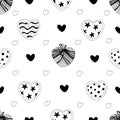 Doodle Seamless Pattern With Hearts Decorated With Stars, Ribbons, Polka Dots