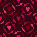 Seamless pattern with hearts and fish in the sea. Valentine\'s Day. Embroidery on fabric. Boho texture.