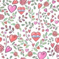 Seamless pattern with hearts and flowers and branches