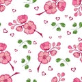 Seamless pattern with hearts and blooming tree branches, apple tree or cherry flowers. White background, vector illustration Royalty Free Stock Photo