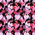 Seamless pattern with hearts, flowers, herbs, leaves on black background Watercolor illustration Royalty Free Stock Photo