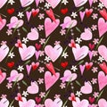 Seamless pattern with hearts, flowers, herbs, leaves on brown background Watercolor illustration Royalty Free Stock Photo