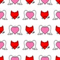 Seamless pattern with hearts in the form of angel and devil. Cute print. Vector illustration.