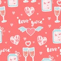 Seamless pattern with hearts and glasses of champagne Text - I love you Cute romantic pattern for Valentine's Day.