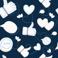 Seamless pattern with hearts likes thumbs up social media platform flat vector illustration on dark blue background Royalty Free Stock Photo