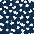 Seamless pattern with hearts likes thumbs up social media platform flat vector illustration on dark blue background Royalty Free Stock Photo