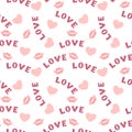 Seamless pattern with hearts lips and inscription love on white