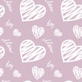 Seamless pattern with hearts and meow and kitty words,pink background Royalty Free Stock Photo