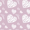 Seamless pattern with hearts and meow and kitty words,pink background