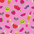 Seamless pattern with heart, nail polish, lipstick, strawberry, lips, diamond, pink color, girlish