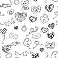 Seamless pattern with hearts and other attributes in doodle style on a white background.