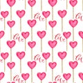 Seamless pattern with hearts in pink color . Cute background in watercolor. Valentines day print for wrapping paper, backdrop deco